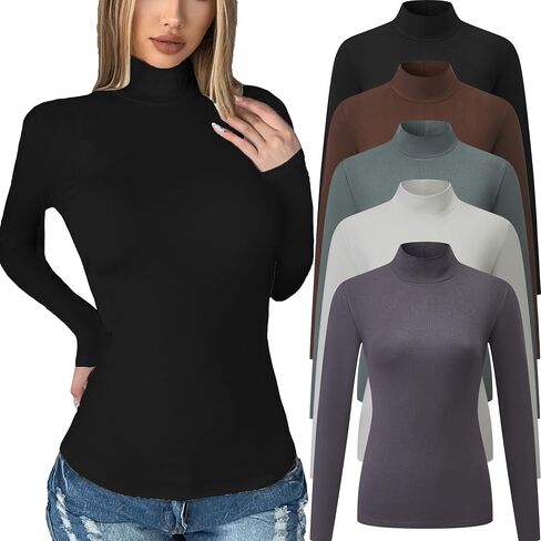 5 Pack Womens Long Sleeve Tops Mock Turtleneck Basic T Shirt Fall Stretch Tight Fitted Thermal Shirts in Kuwait