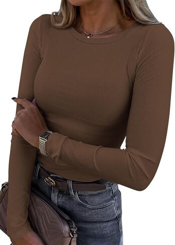 ATHMILE Womens Long Sleeve Crewneck Ribbed Tops Fitted Stretch Casual Basic T Shirts 2024 in Saudi Arabia