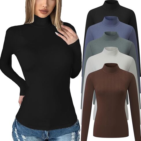 5 Pack Womens Long Sleeve Tops Mock Turtleneck Basic T Shirt Fall Stretch Tight Fitted Thermal Shirts in Kuwait