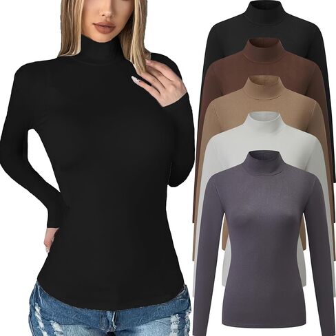 5 Pack Womens Long Sleeve Tops Mock Turtleneck Basic T Shirt Fall Stretch Tight Fitted Thermal Shirts in Kuwait