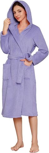 LYCY Womens Hooded Plush Long Robe, Soft Warm Bathrobe for Women Mid-Length Fluffy Spa Robe in Kuwait