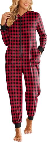Ekouaer Christmas Onesie Fleece Long Sleeve Hooded One Piece Pajamas for Women Zipper Pjs with Pocket S-XXL in Saudi Arabia