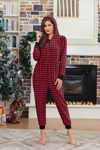 Ekouaer Christmas Onesie Fleece Long Sleeve Hooded One Piece Pajamas for Women Zipper Pjs with Pocket S-XXL in Saudi Arabia
