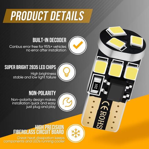 194 LED Bulb T10 W5W 2825 158 192 168 Canbus 9SMD 2835 Chipset 6000K White Non-polarity for Car Interior Dome Map Door Courtesy License Plate Trunk Lights (Pack of 10) in Saudi Arabia