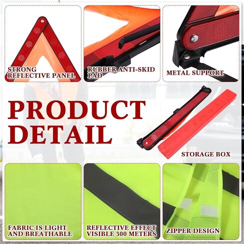 طقم مثلث السلامة للتحذير من تشواري، مثلث التحذير في حالات الطوارئ، سترة أمان عاكسة للضوء، مثلثات قابلة للطي على جانب الطريق من أجل الأعطال والبناء في حالات الطوارئ (18 قطعة) in Kuwait