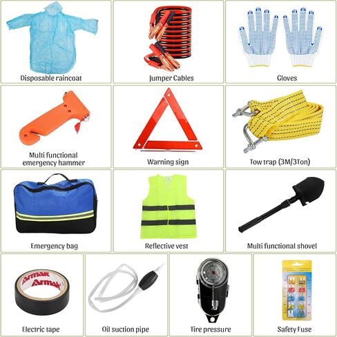 Car Emergency Safety Kit, Car Roadside Emergency Kit, Car Emergency Roadside Assistance Car Kit with Jumper Cables, Rainwear, Gloves in Kuwait