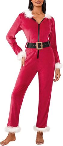 Women's Christmas Jumpsuit Santa Claus Costume Long Sleeve Flared Jumpsuit and Hat Set Cosplay Party Outfits in Saudi Arabia