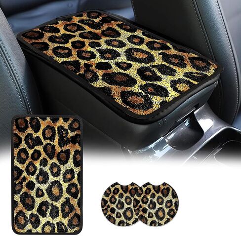 PU Leather Car Center Console Cover, Car Armrest Cover with 2 Car Coasters, Non-Slip Car Armrest Seat Box Pad, Waterproof Car Accessories Interior for Vehicles, SUVs (Leopard Patterns) in Kuwait