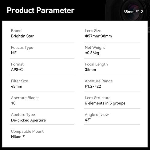 Brightin Star 35mm F1.2 MF APS-C Manual Focus Prime Lens for Fujifilm XF-Mount Mirrorless Cameras, Large Aperture Fixed Lens, Fit for XT5, XT4, XT30, XPRO3/2, XT200, XS10, XA7, XE4, XH1(Silver) in Kuwait