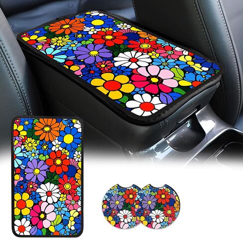 PU Leather Car Center Console Cover, Car Armrest Cover with 2 Car Coasters, Non-Slip Car Armrest Seat Box Pad, Waterproof Car Accessories Interior for Vehicles, SUVs (Leopard Patterns) in Kuwait