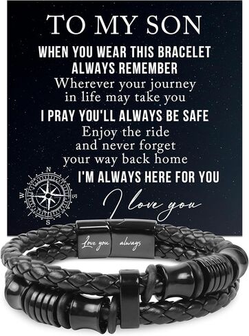 TEEZWONDER Bracelet Gifts For Men, Dad - Christmas, Birthday Gifts For Him - Double-Row Black Braided Leather Bracelet in Kuwait