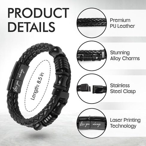 TEEZWONDER Bracelet Gifts For Men, Dad - Christmas, Birthday Gifts For Him - Double-Row Black Braided Leather Bracelet in Kuwait