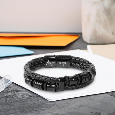TEEZWONDER Bracelet Gifts For Men, Dad - Christmas, Birthday Gifts For Him - Double-Row Black Braided Leather Bracelet in Kuwait