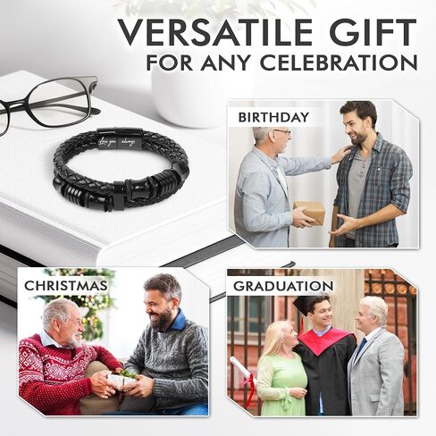TEEZWONDER Bracelet Gifts For Men, Dad - Christmas, Birthday Gifts For Him - Double-Row Black Braided Leather Bracelet in Kuwait