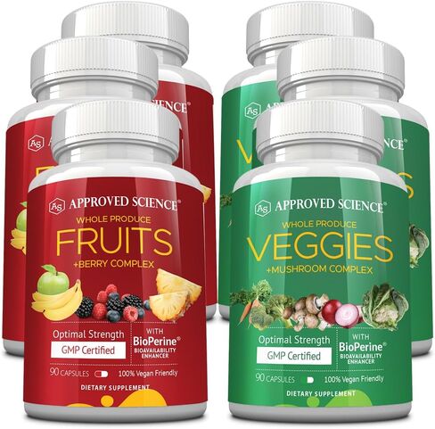 Approved Science Fruits & Veggies - 42 Whole Fruit and Veggie Supplement - Enhanced Health & Vitality - Daily Natural Vitamins, Minerals, Antioxidants - 90 Capsules Each - 1-Month Supply in Saudi Arabia