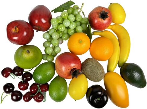 26pcs Artificial Fruits Fake Realistic Fruit Modle for Photoshoot Decor Artificial Pineapple Green & Yellow Lemon Black Grapes Bananas Orange Apple Peach Strawberries Mango Plastics Cherry in Saudi Arabia
