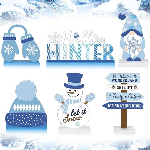 Barydat 6 Pcs Winter Wooden Signs Christmas Snowman Gnome Wood Table Decor Black White Blue Winter Tabletop Block Signs Farmhouse Tiered Tray Decor for Winter Xmas Home decor(Snowman) in Kuwait