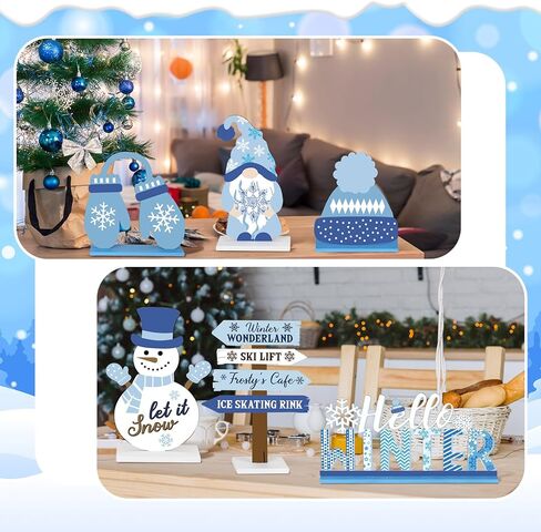 Barydat 6 Pcs Winter Wooden Signs Christmas Snowman Gnome Wood Table Decor Black White Blue Winter Tabletop Block Signs Farmhouse Tiered Tray Decor for Winter Xmas Home decor(Snowman) in Kuwait