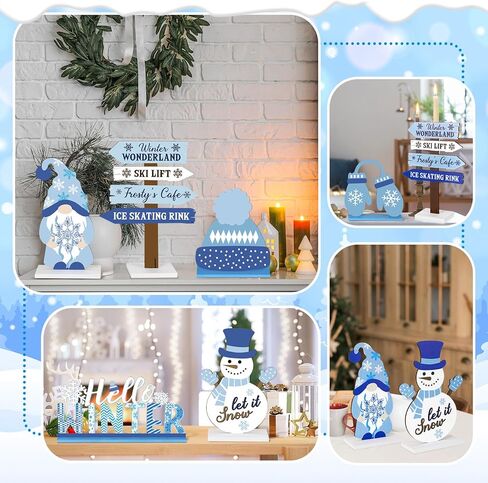 Barydat 6 Pcs Winter Wooden Signs Christmas Snowman Gnome Wood Table Decor Black White Blue Winter Tabletop Block Signs Farmhouse Tiered Tray Decor for Winter Xmas Home decor(Snowman) in Kuwait