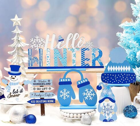 Barydat 6 Pcs Winter Wooden Signs Christmas Snowman Gnome Wood Table Decor Black White Blue Winter Tabletop Block Signs Farmhouse Tiered Tray Decor for Winter Xmas Home decor(Snowman) in Kuwait
