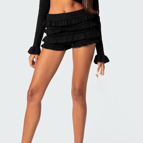 Seyurigaoka Women Y2K Crochet Knit Ruffle Bloomer Shorts Cute Hollow Out Layered Tiered Mini Booty Shorts in Saudi Arabia