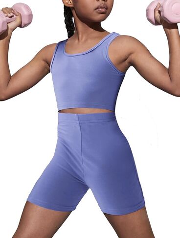 OYOANGLE Girl's 2 Piece Yoga Athletic Outfits Scoop Neck Crop Tee Tank Top and Biker Shorts Set in Saudi Arabia
