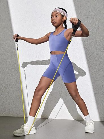 OYOANGLE Girl's 2 Piece Yoga Athletic Outfits Scoop Neck Crop Tee Tank Top and Biker Shorts Set in Saudi Arabia