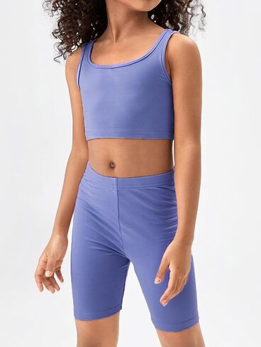 OYOANGLE Girl's 2 Piece Yoga Athletic Outfits Scoop Neck Crop Tee Tank Top and Biker Shorts Set in Saudi Arabia