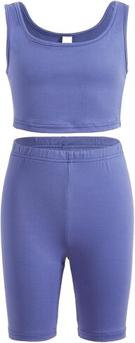 OYOANGLE Girl's 2 Piece Yoga Athletic Outfits Scoop Neck Crop Tee Tank Top and Biker Shorts Set in Saudi Arabia