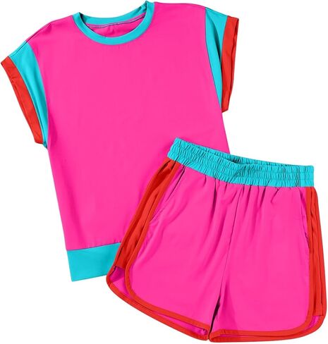 blibean Girls 2025 Summer Clothes Sets Kids Colorblock Matching Outfits Size 6-15 Years in Kuwait