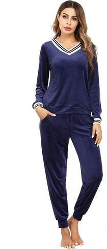 Irevial Women's Striped V Neck Velour Tracksuit Two Piece Sweatsuits Sets with Pocket in Saudi Arabia