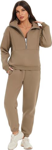 COZYPOIN Women's Sweatsuit Sets 2 Piece Fleece Outfit Half Zip Sweatshirt and Joggers Pants Tracksuit in Kuwait