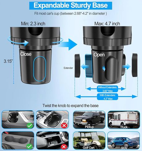 حامل أكواب للهاتف للسيارة، 2 في 1 حامل أكواب قابل للتعديل مع دوران 360 درجة، حامل للهاتف الخلوي يناسب جميع الهواتف الذكية، محول حامل أكواب عالمي يتحمل ما يصل إلى 17-40 أونصة من المشروبات in Kuwait