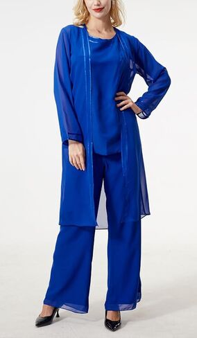 Women's 3 PC Chiffon Pants Suits Mother's Outfit for Wedding Plus Size Evening Gowns Dress Suit in Saudi Arabia