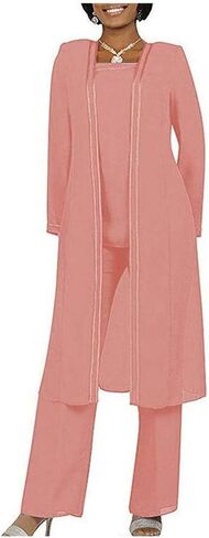 Women's 3 PC Chiffon Pants Suits Mother's Outfit for Wedding Plus Size Evening Gowns Dress Suit in Saudi Arabia