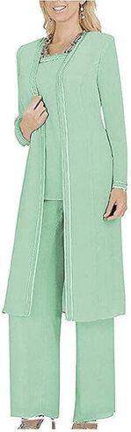 Women's 3 PC Chiffon Pants Suits Mother's Outfit for Wedding Plus Size Evening Gowns Dress Suit in Saudi Arabia