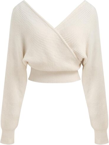 CIDER Cropped Sweaters for Women V Neck Wrap Cross Front Solid Knit Pullover Long Sleeve Tops in Saudi Arabia