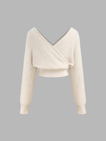 CIDER Cropped Sweaters for Women V Neck Wrap Cross Front Solid Knit Pullover Long Sleeve Tops in Saudi Arabia