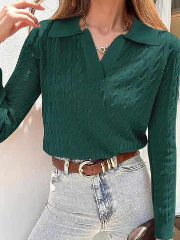 ANRABESS Womens Cable Knit Sweaters Long Sleeve V Neck Sweater Tops Casual Pullover Polo Shirts 2024 Fall Fashion Outfits in Kuwait