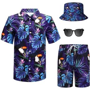 Harloon 4 Pcs Men's Hawaiian Shirt and Short Set Beach Outfit Palm Print Halloween Tropical Suit with Bucket Hat Sunglasses