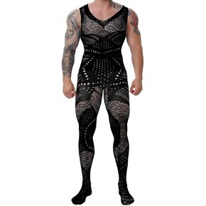 Mens Lingerie, Sexy Gift For Him Body Stockings, Fishnet Bodysuit Lace Jumpsuit Rave Outfits Glow Party Club