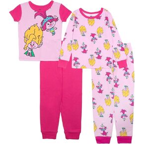 DREAMWORKS TROLLS Girls' 4-Piece Snug-fit Cotton Pajama Set, Soft & Cute for Kids
