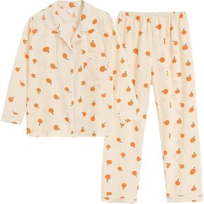 Vopmocld Big Girls Button Down Pajama Sets Crepe Soft Lapel Shirt Sleepwear Printed Lounge Set Long Sleeve Long Pants Nighty
