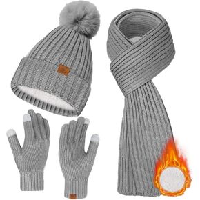 Winter Hat Scarf Gloves Set for Women Men Warm Fleece Lined Beanie Hat Knitted Touchscreen Gloves Long Scarves with Gift Box