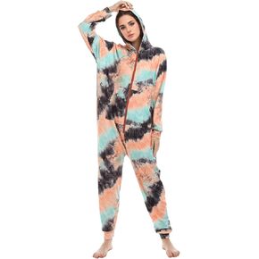 Kgromfy Tie Dye Jumpsuits Womens Onesie Pajamas Hooded Homewear Nightwear Sleepwear Party Costumes
