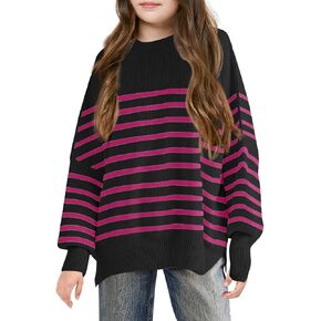 Girls Striped Oversized Sweaters Fashion Batwing Sleeve Side Slit Knit Pullover Clothes 5-14 Years