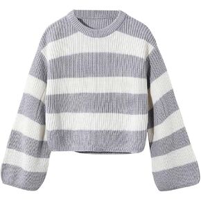 GORGLITTER Girl's Striped Sweaters Knit Long Sleeve Crewneck Color Block Sweater Jumper