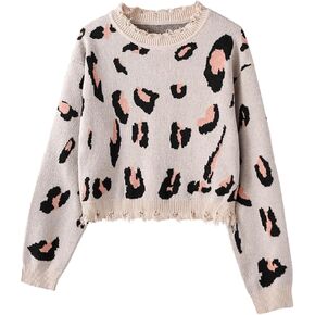 Girl's Leopard Print Sweater Crew Neck Long Sleeve Loose Distressed Cheetah Pullover Knitwear