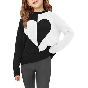 Haloumoning Girls Heart Valentines Day Sweater Kids Cute Color Block Knit Sweaters 7-14 Years
