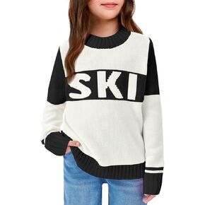LAYOGAS Girl's Ski Pullover Sweaters Crew Neck Color Block Striped Long Sleeve Knitwear Jumper Tops